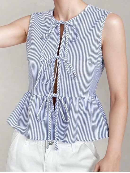 Tops - Striped Tie-Front Peplum Top - Blue/White size tag ripped off fits like a small